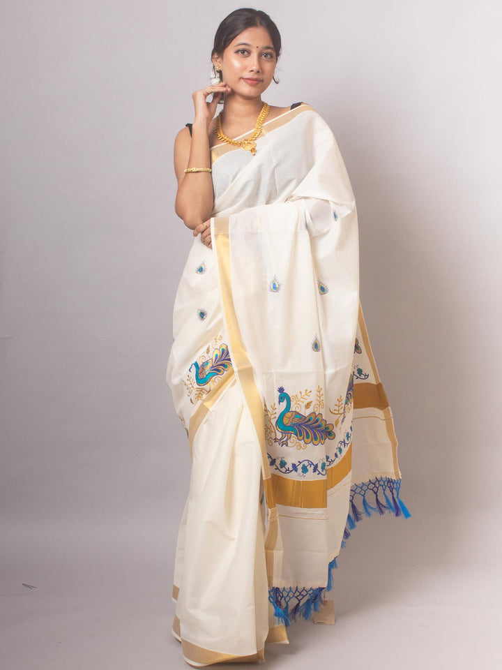 Kerala Cotton Embroidered Saree - 20398 Saree AEVUM   