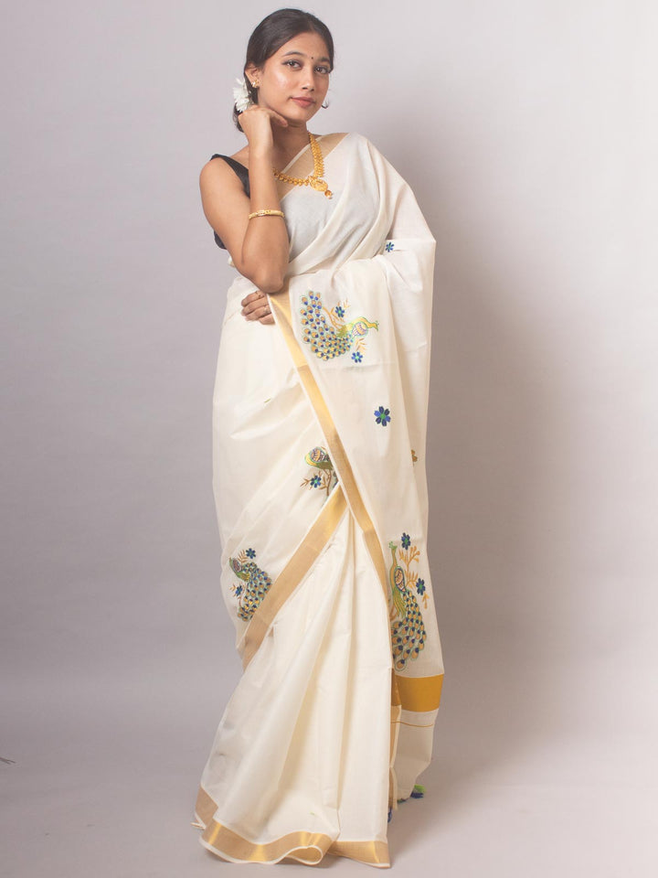 Kerala Cotton Embroidered Saree - 20399 Saree AEVUM   