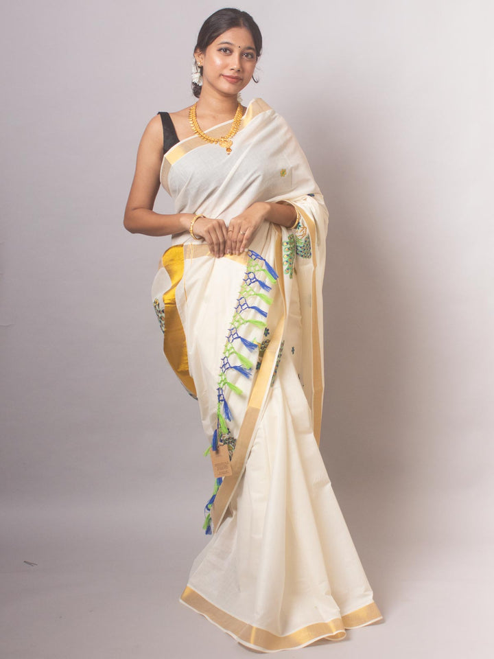 Kerala Cotton Embroidered Saree - 20399 Saree AEVUM   