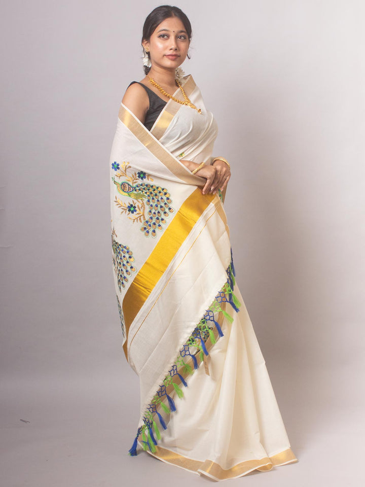 Kerala Cotton Embroidered Saree - 20399 Saree AEVUM   