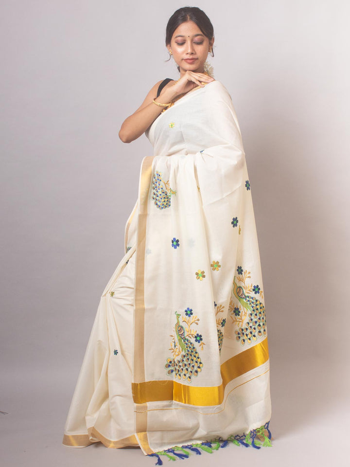 Kerala Cotton Embroidered Saree - 20399 Saree AEVUM   