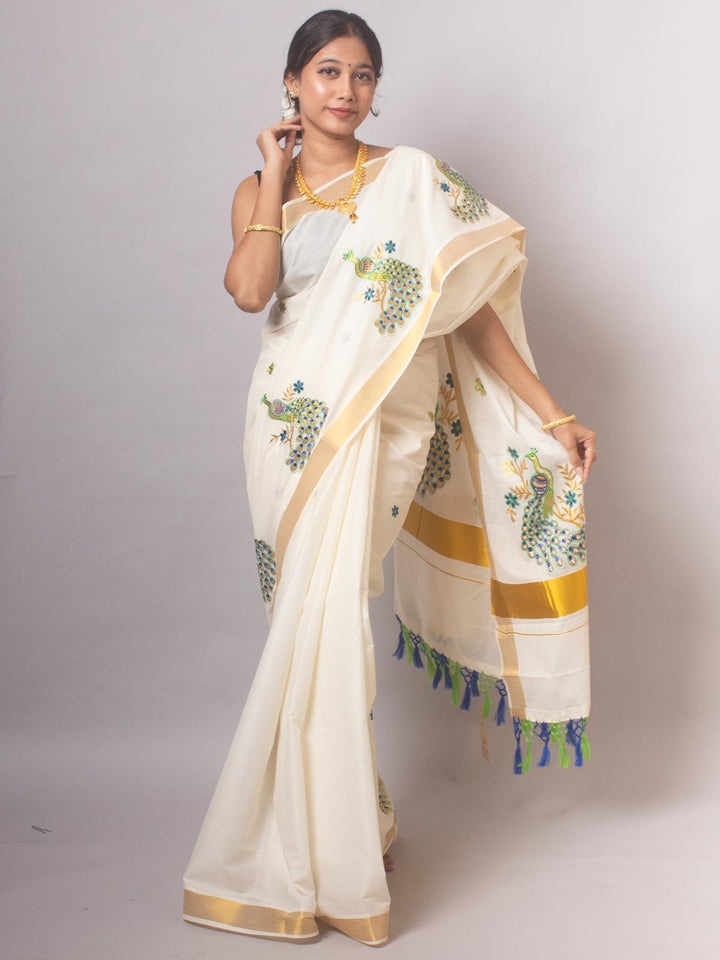 Kerala Cotton Embroidered Saree - 20399 Saree AEVUM   