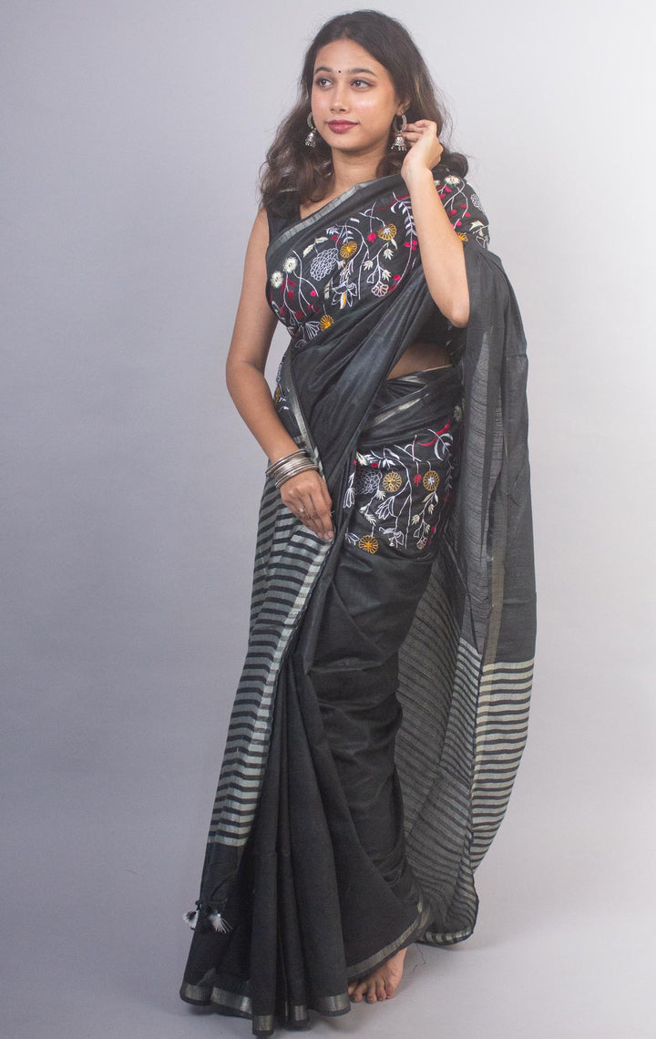 Linen Embroidered Saree - 20876 Saree Riya's Collection   