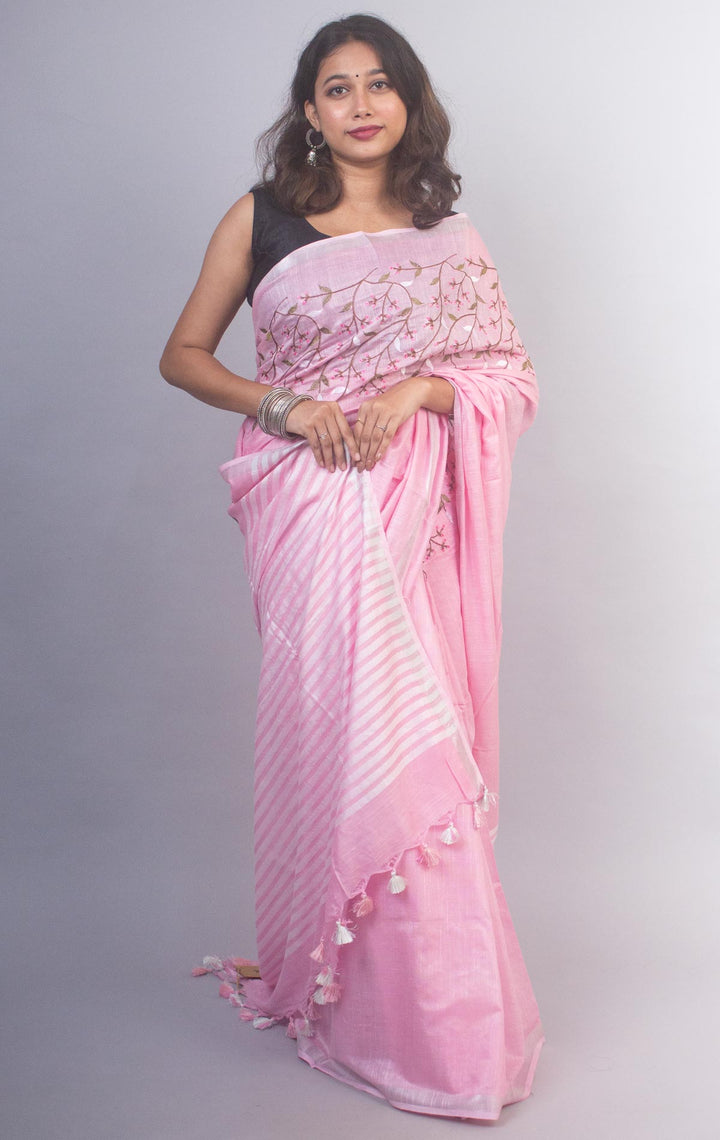 Linen Embroidered Saree - 20878 Saree AEVUM