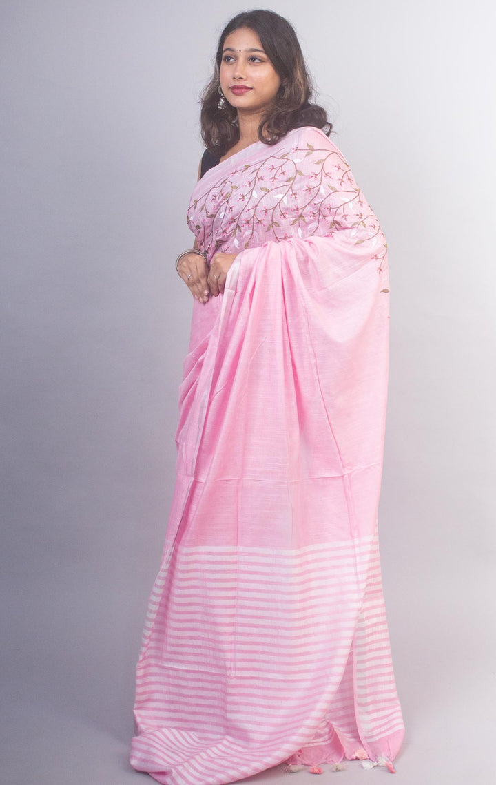 Linen Embroidered Saree - 20878 Saree AEVUM