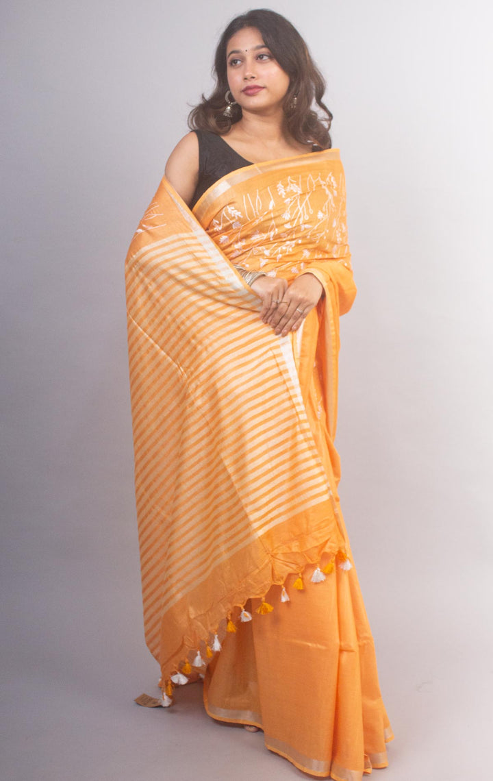 Linen Embroidered Saree - 20882 Saree AEVUM