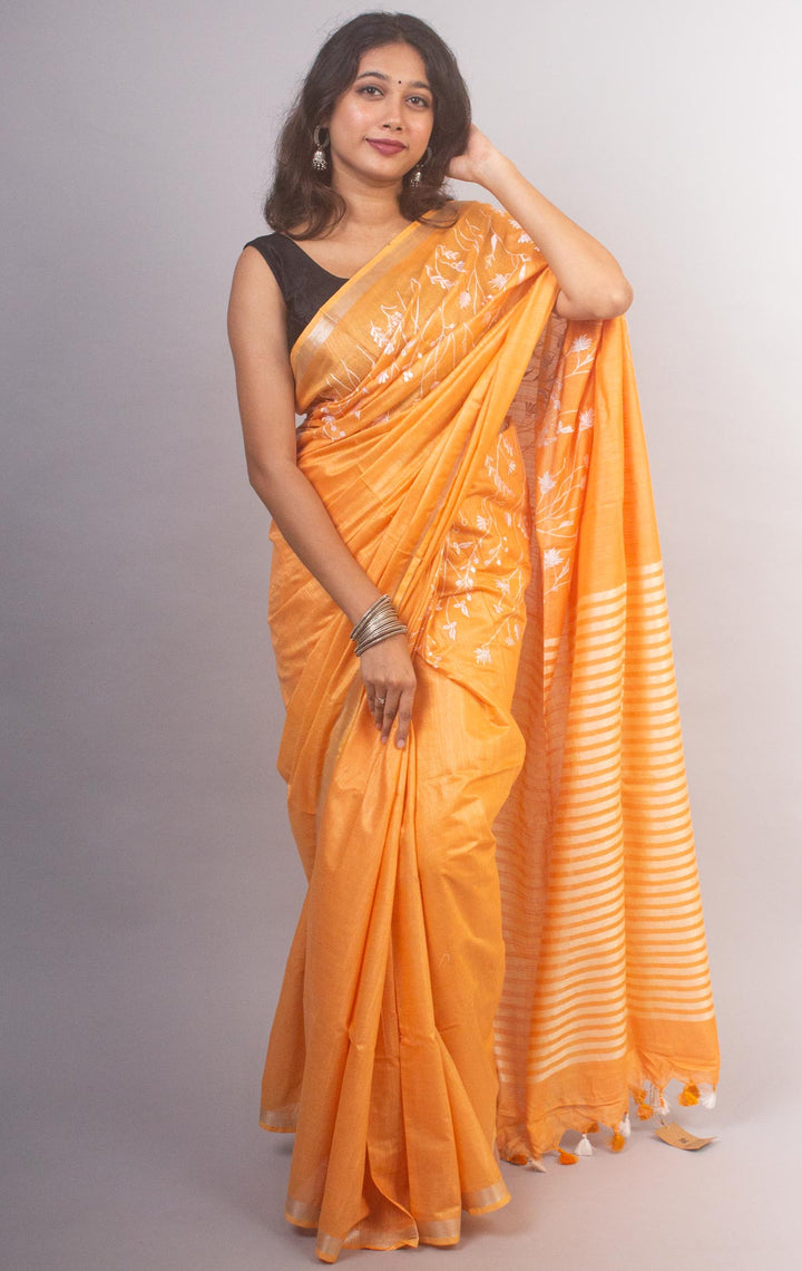 Linen Embroidered Saree - 20882 Saree AEVUM