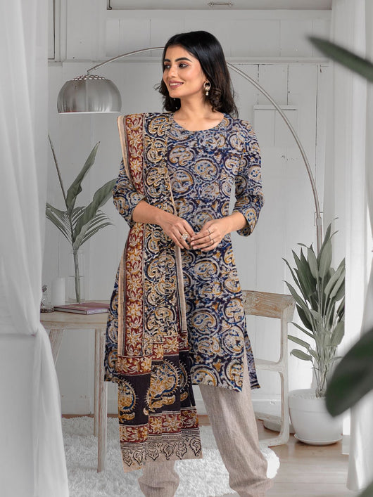 Pure Cotton Kalamkari Kurta Set - 20967 Women's Kurta Set AEVUM 2   