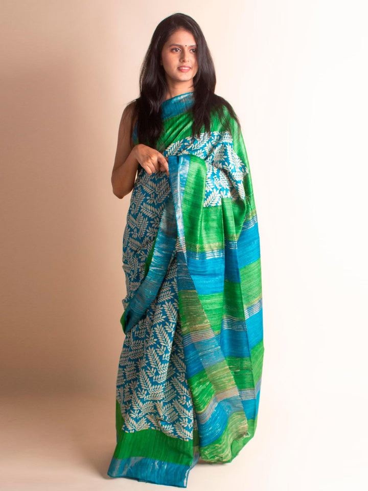 Zari Tussar Silk Saree Hand Block Printed with Silk Mark - 2959 Saree Raj Dev Kumar   