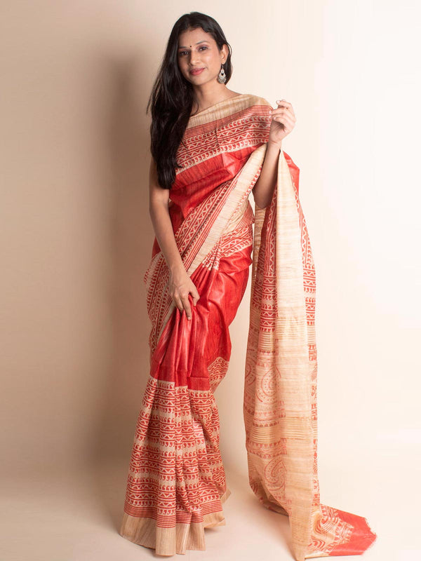 Zari Tussar Silk Saree Hand Block Printed with Silk Mark - 2969 Saree AEVUM   