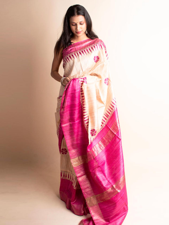 Zari Tussar Silk Saree Hand Block Printed with Silk Mark - 3075 Saree AEVUM   