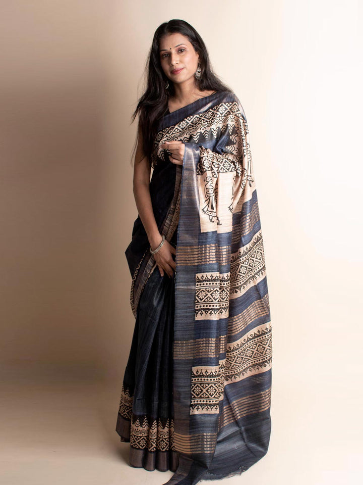 Zari Tussar Silk Saree Hand Block Printed with Silk Mark - 3076 Saree Riya's Collection   