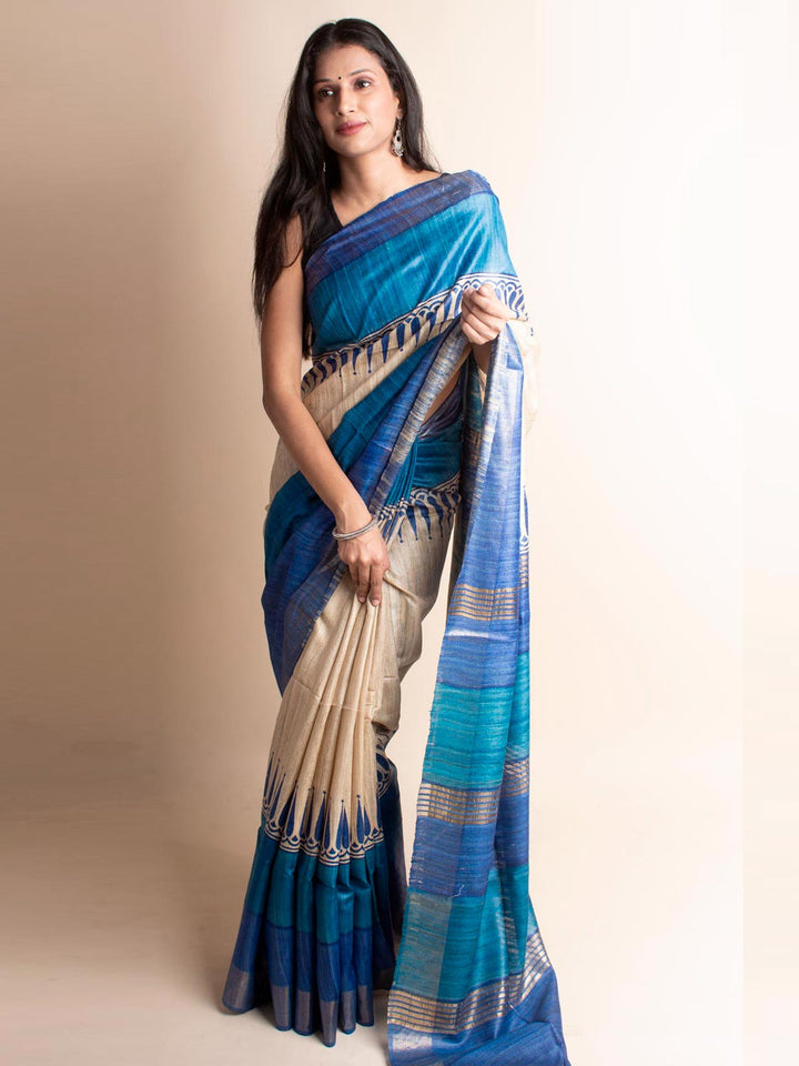 Zari Tussar Silk Saree Hand Block Printed with Silk Mark - 3077 Saree Riya's Collection   