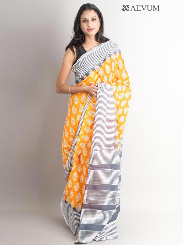 Mulmul Cotton Hand Block Printed Saree - 3327 Saree AEVUM