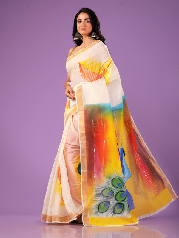 Kerala Cotton Hand Painted Saree with Blouse Piece - 3820 Saree AEVUM