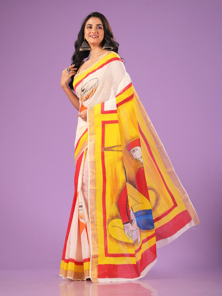 Kerala Cotton Hand Painted Saree with Blouse Piece - 3821 Saree AEVUM