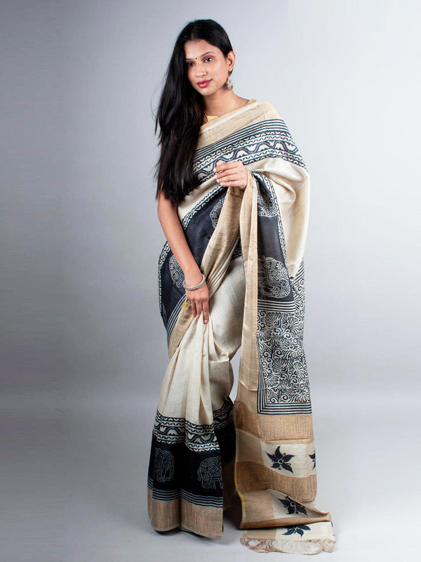 Zari Tussar Silk Saree Hand Block Printed - 3992 Saree Riya's Collection   