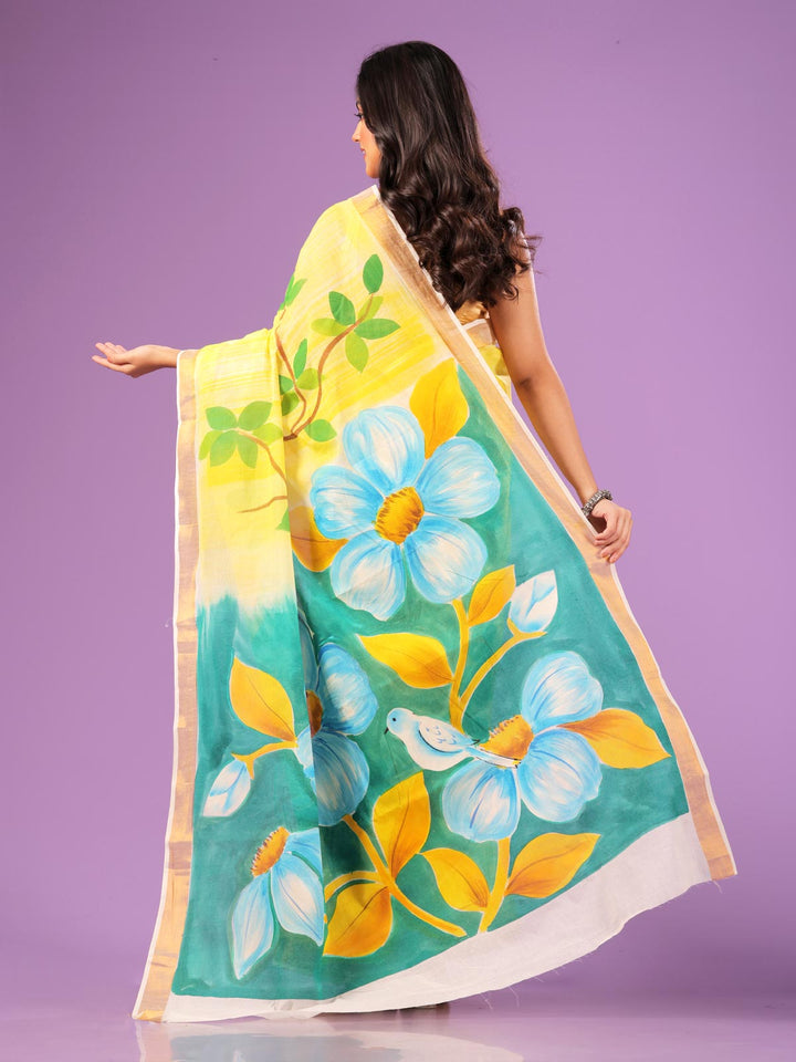 Kerala Cotton Hand Painted Saree with Blouse Piece - 4114 Saree AEVUM