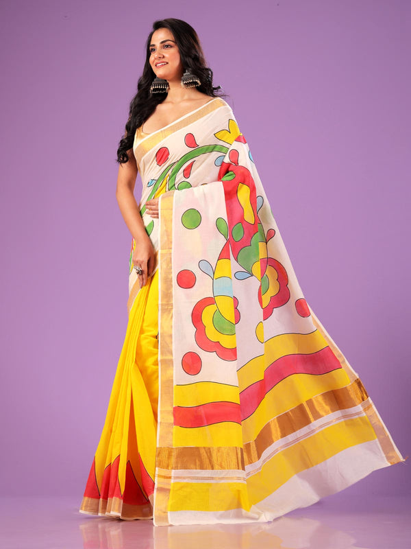 Kerala Cotton Hand Painted Saree without Blouse Piece - 4237 Saree AEVUM