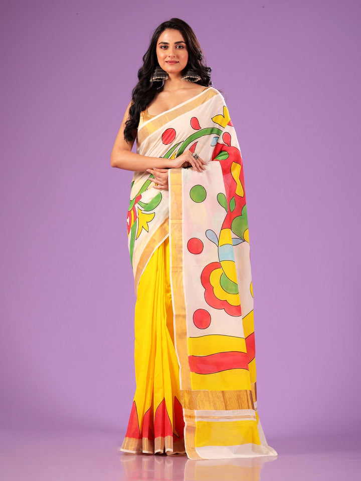 Kerala Cotton Hand Painted Saree without Blouse Piece - 4237 Saree AEVUM