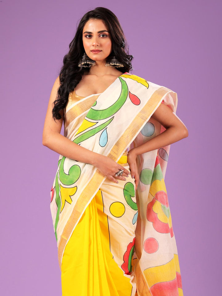 Kerala Cotton Hand Painted Saree without Blouse Piece - 4237 Saree AEVUM