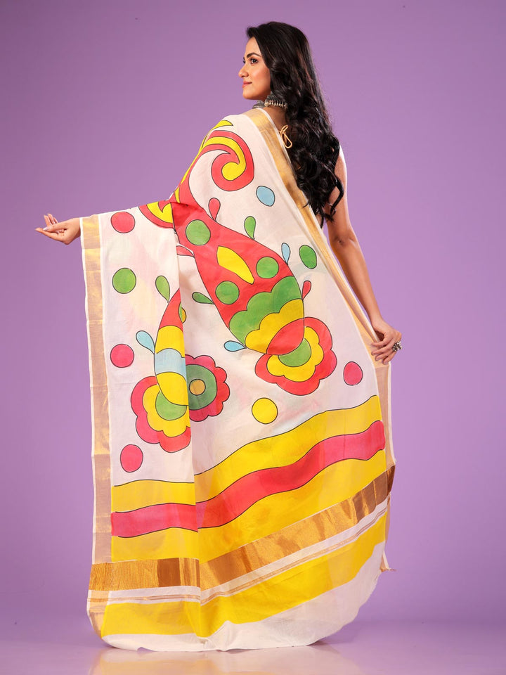 Kerala Cotton Hand Painted Saree without Blouse Piece - 4237 Saree AEVUM