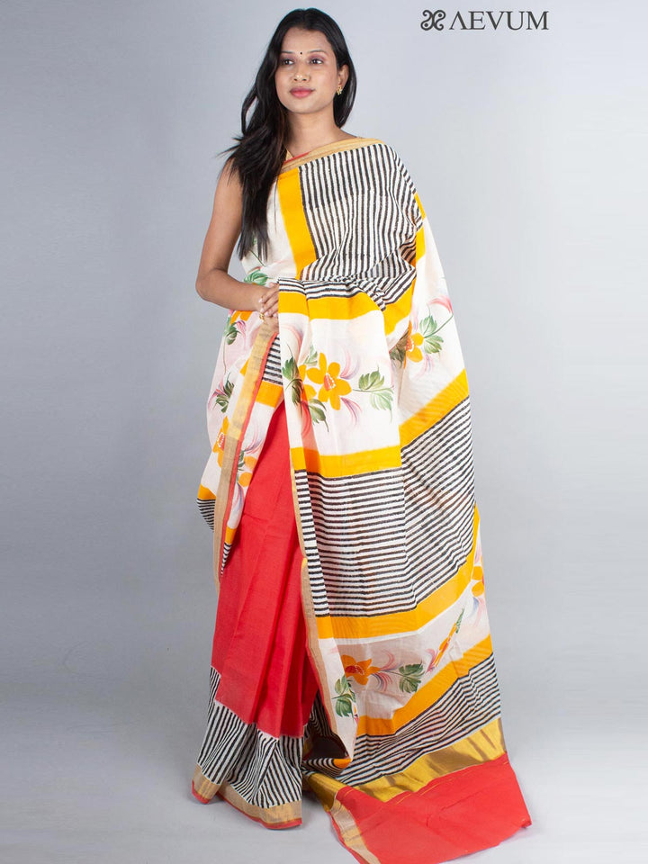 Kerala Cotton Hand Painted Saree with Blouse Piece - 4238 Saree AEVUM