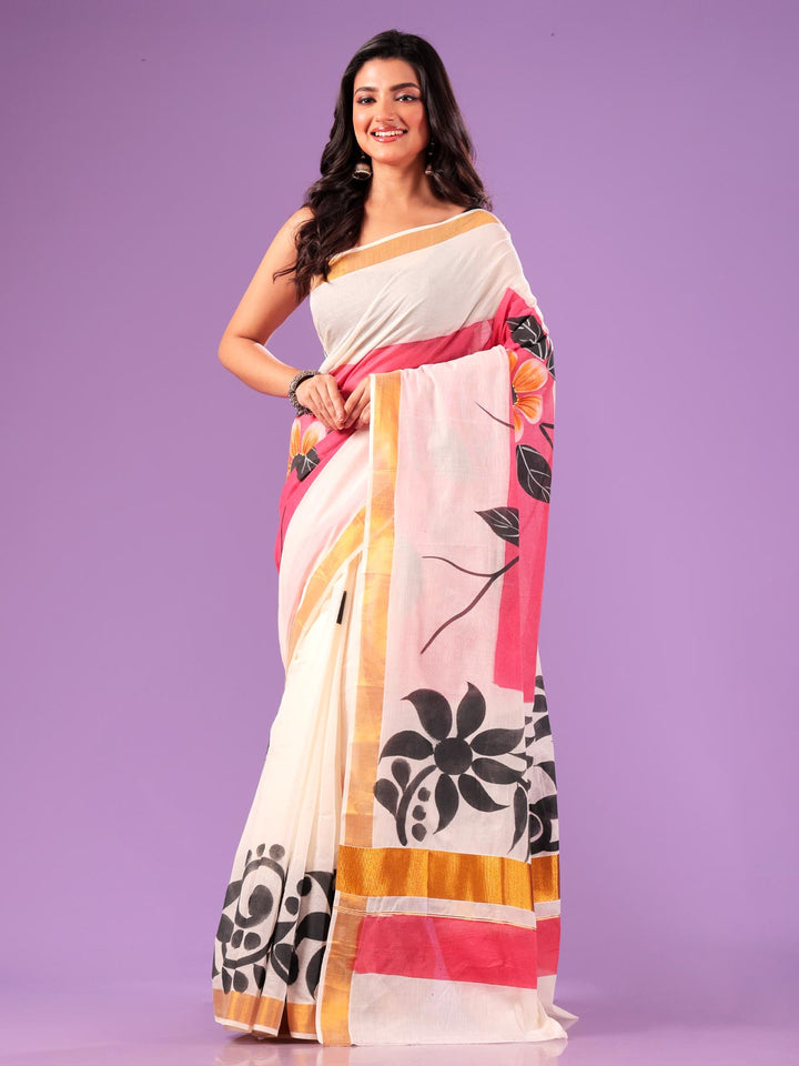 Kerala Cotton Hand Painted Saree with Blouse Piece - 4242 Saree AEVUM