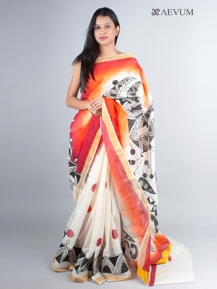 Kerala Cotton Hand Painted Saree with Blouse Piece - 4246 Saree AEVUM