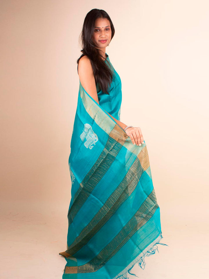 Zari Tussar Silk Saree Hand Block Printed with Silk Mark - 4594 Saree AEVUM   