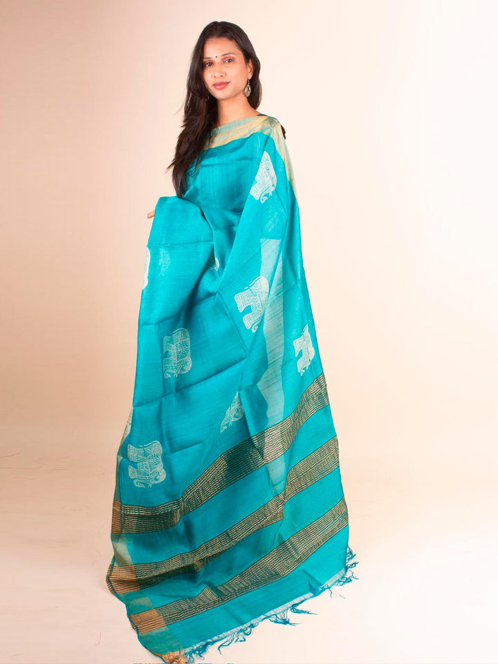 Zari Tussar Silk Saree Hand Block Printed with Silk Mark - 4594 Saree AEVUM   