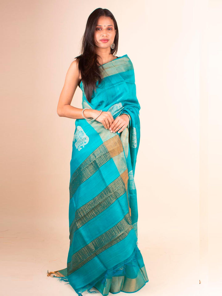 Zari Tussar Silk Saree Hand Block Printed with Silk Mark - 4594 Saree AEVUM   