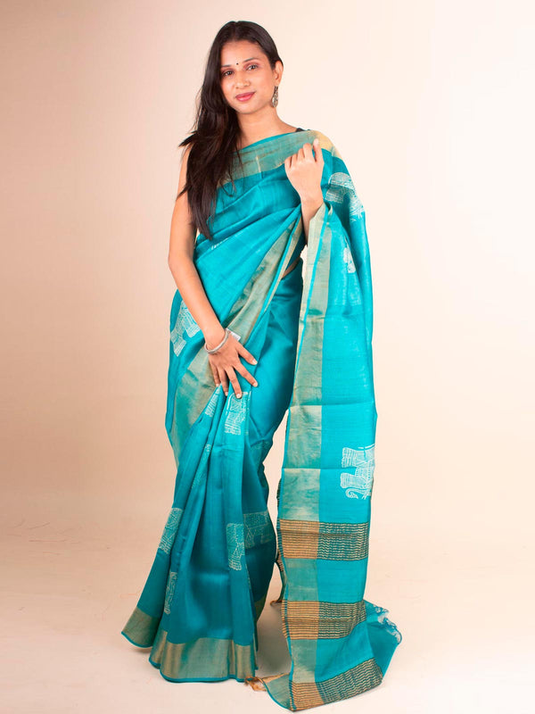 Zari Tussar Silk Saree Hand Block Printed with Silk Mark - 4594 Saree AEVUM   