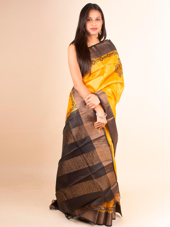 Zari Tussar Silk Saree Hand Block Printed with Silk Mark - 4596 Saree AEVUM   