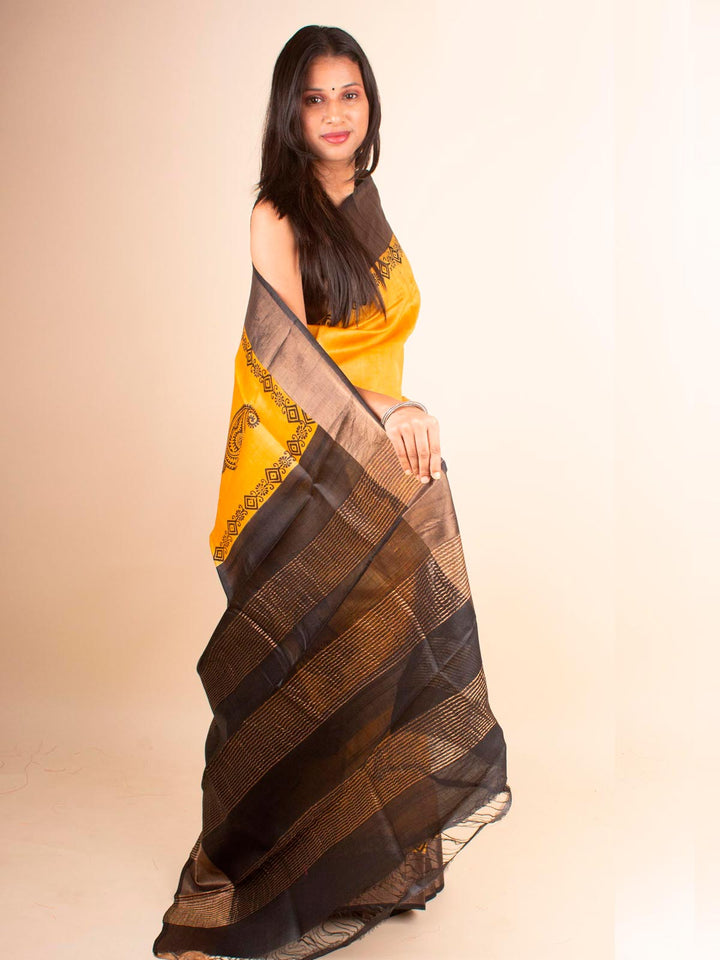 Zari Tussar Silk Saree Hand Block Printed with Silk Mark - 4596 Saree AEVUM   