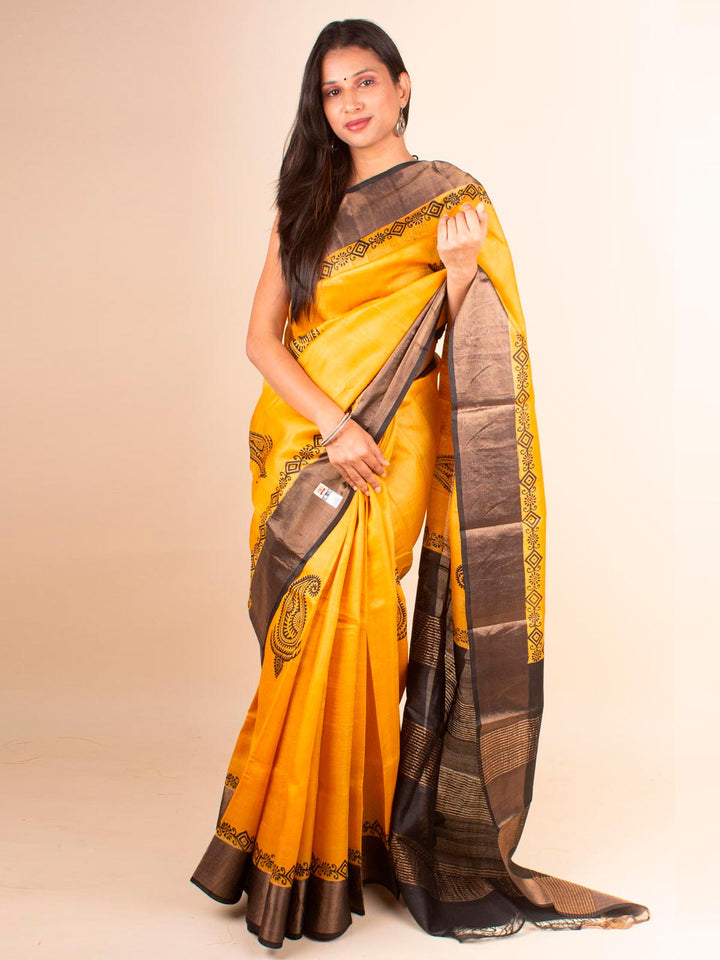 Zari Tussar Silk Saree Hand Block Printed with Silk Mark - 4596 Saree AEVUM   