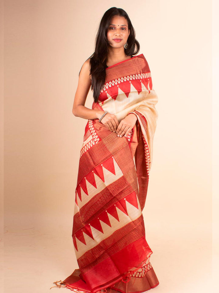 Zari Tussar Silk Saree Hand Block Printed with Silk Mark - 4598 Saree Rinku Silk Cotton House   