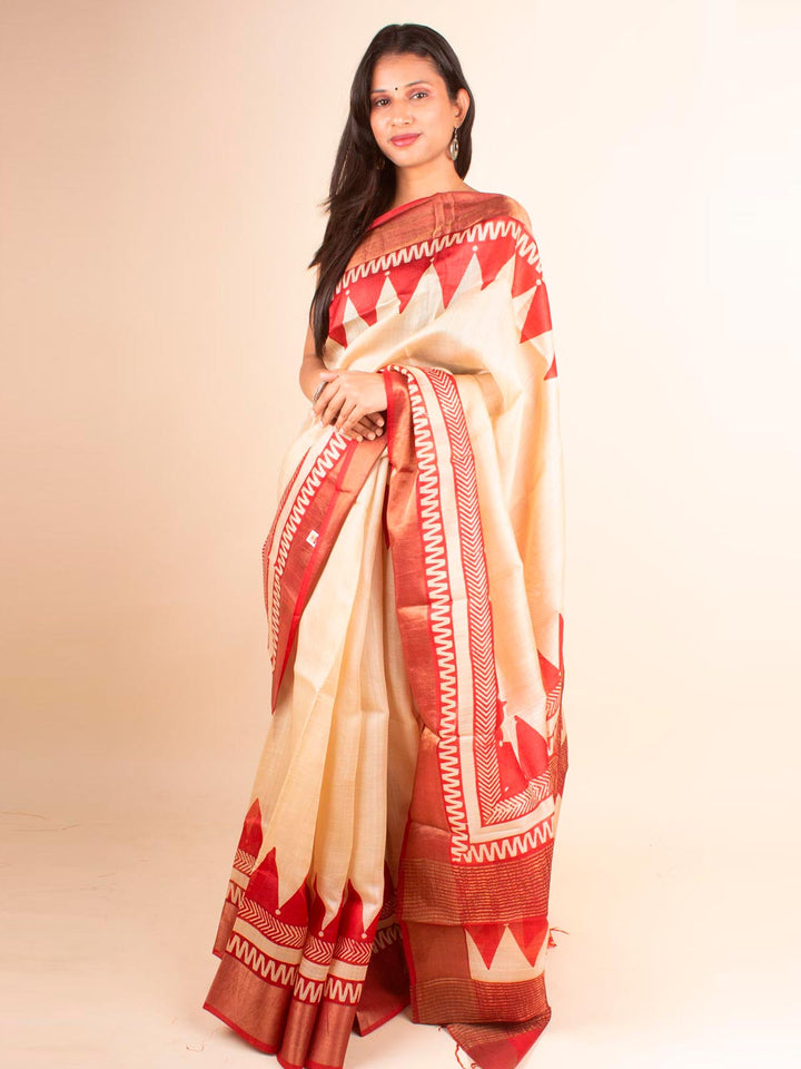 Zari Tussar Silk Saree Hand Block Printed with Silk Mark - 4598 Saree Rinku Silk Cotton House   