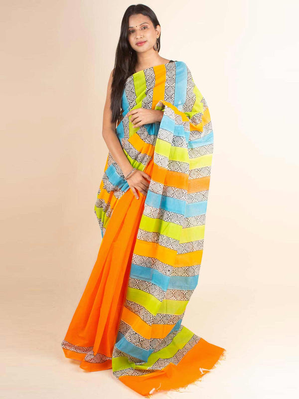 Tant Block Printed Cotton Saree without Blouse Piece - 4695 Saree Joydeep Ganguly