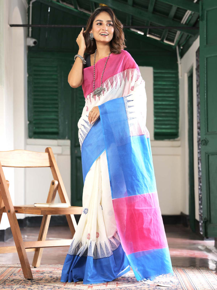 Tant Block Printed Cotton Saree without Blouse Piece - 4696 Saree Joydeep Ganguly   