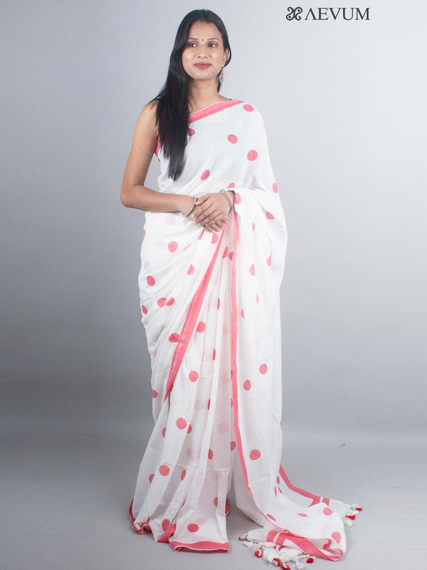 Polka Dot Mulmul Cotton Saree - 4928 Saree AEVUM