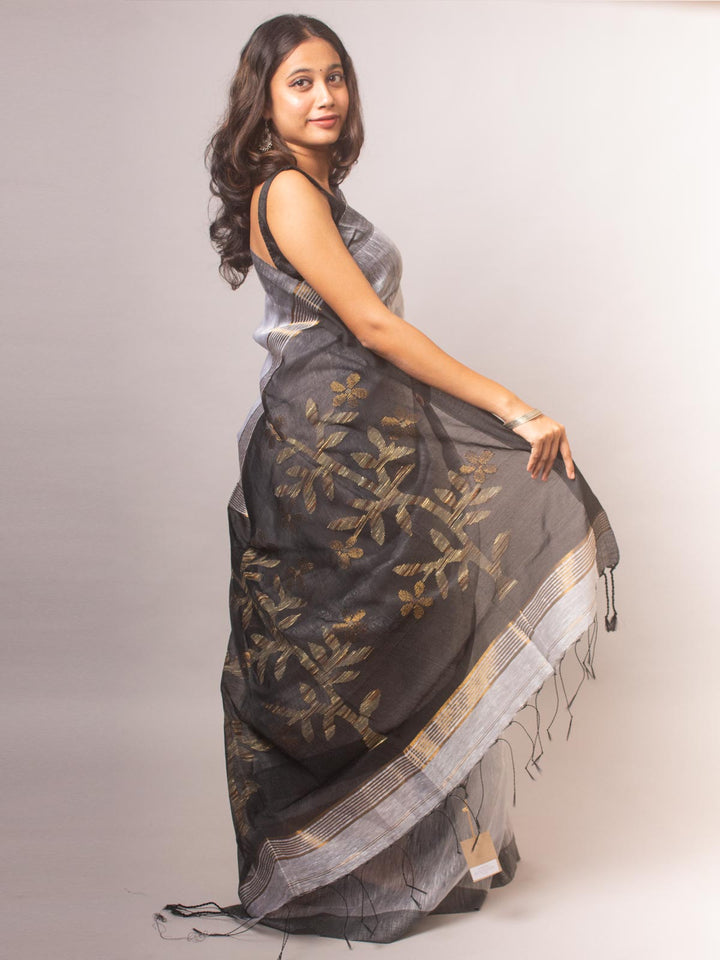 Light Grey Silk Linen Saree - 5733 Saree Riya's Collection   