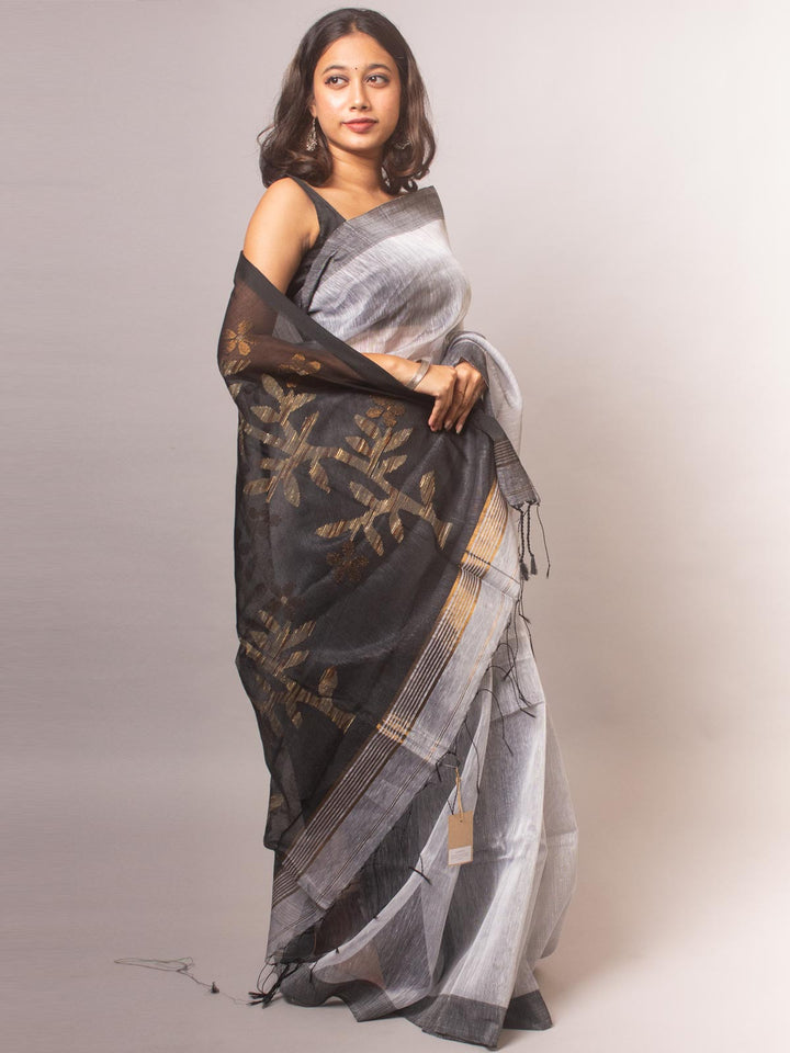 Light Grey Silk Linen Saree - 5733 Saree Riya's Collection   