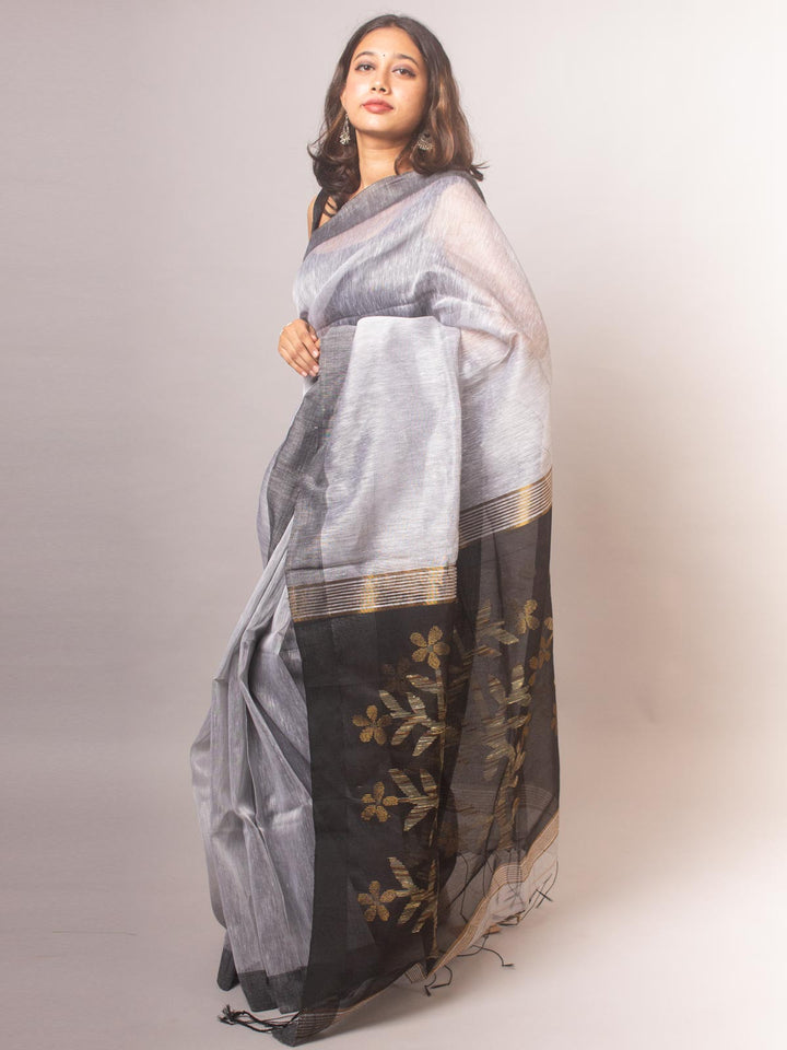 Light Grey Silk Linen Saree - 5733 Saree Riya's Collection   