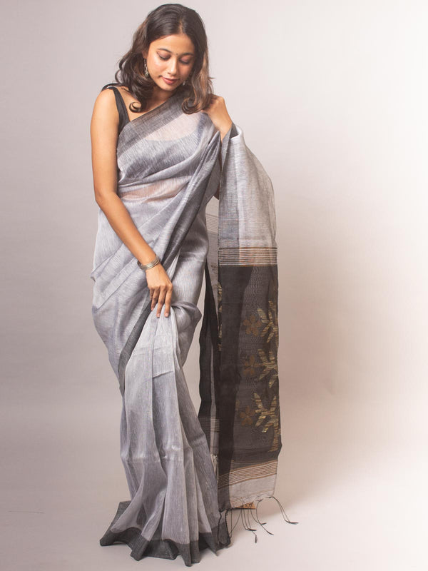 Light Grey Silk Linen Saree - 5733 Saree AEVUM