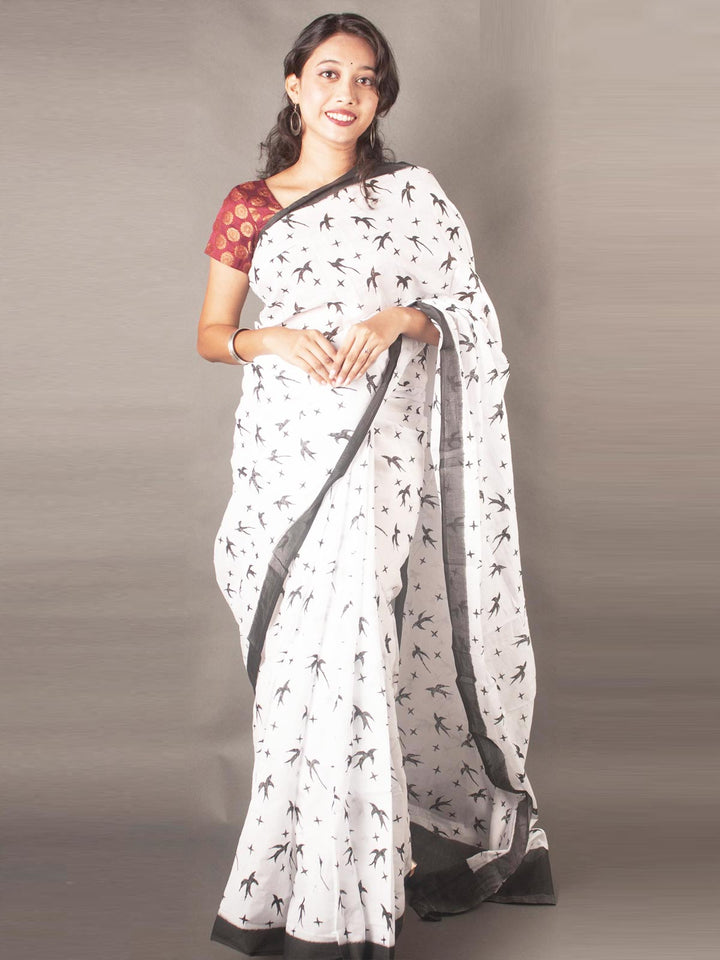 Mulmul Cotton Hand Block Printed Saree - 7008 Saree AEVUM