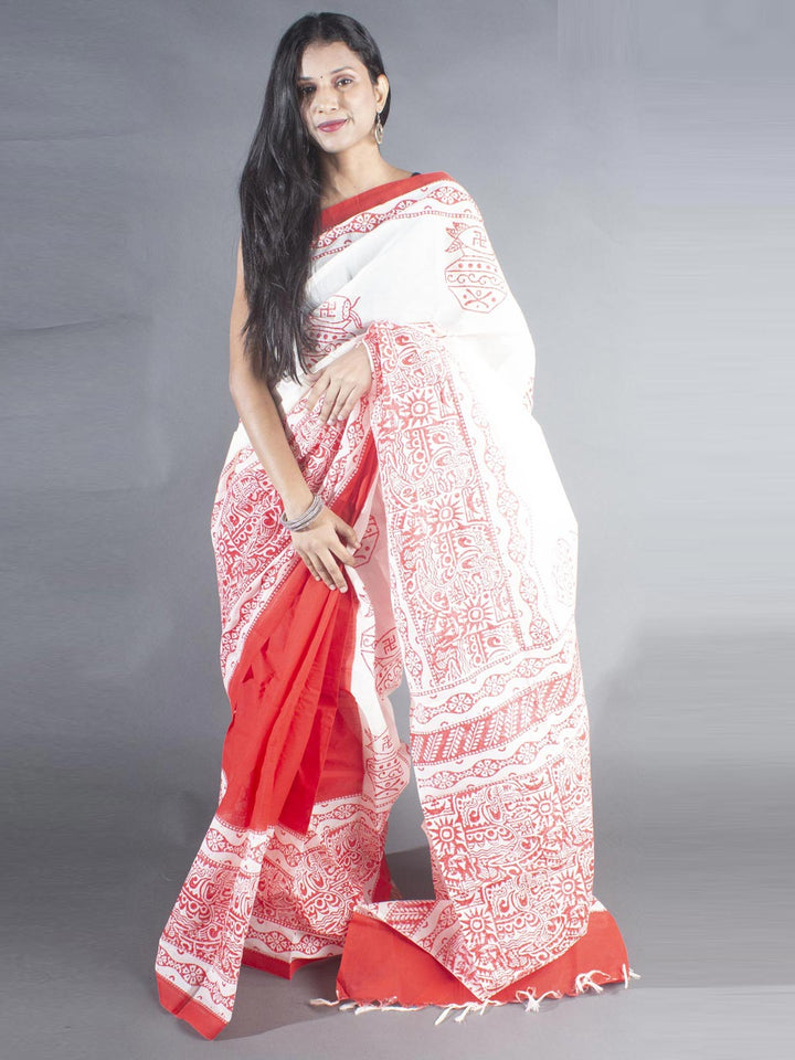 Tant Block Printed Cotton Saree without Blouse Piece - 8719 Saree Joydeep Ganguly