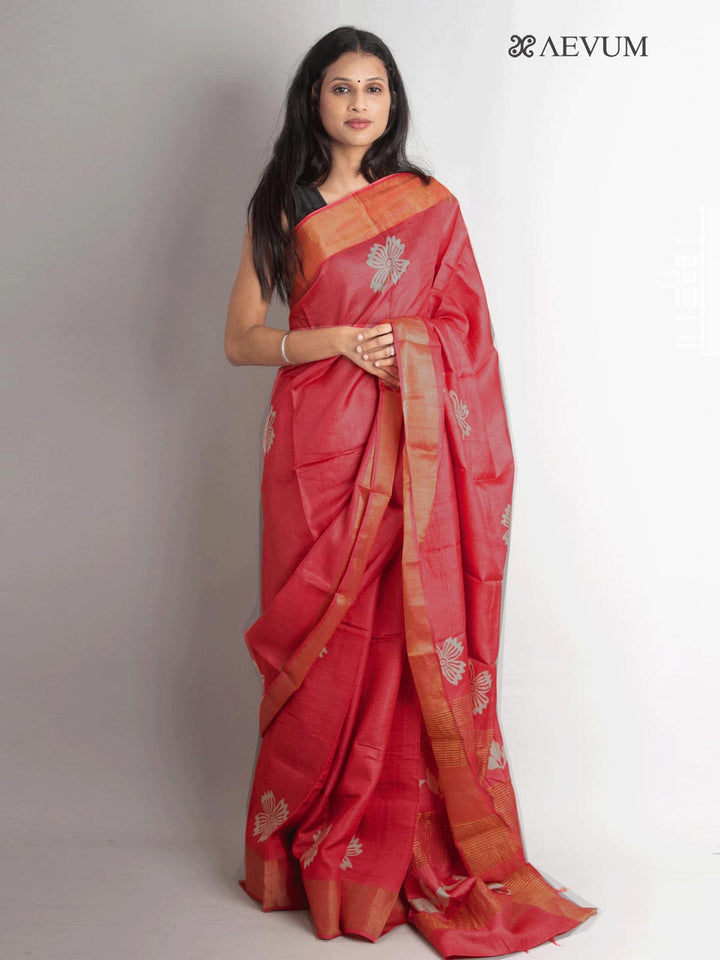 Zari Tussar Silk Saree Hand Block Printed with Silk Mark - 0873 Saree Pinky Sen   