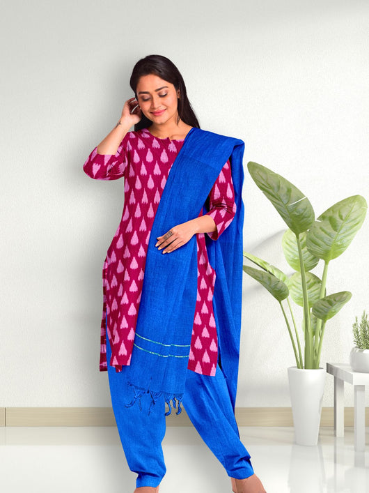 Pure Cotton Woven Ikkat Kurta Set - 8745 Women's Kurta Set AEVUM 2   