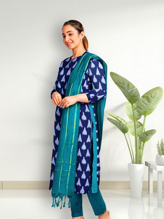 Pure Cotton Woven Ikkat Kurta Set - 8753 Women's Kurta Set AEVUM 2   